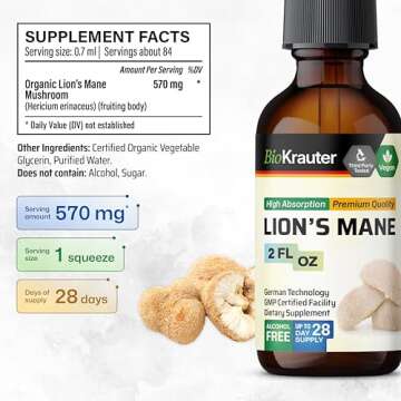 BIO KRAUTER Lions Mane Liquid Extract - Mushroom Supplement for Brain Support - Vegan Lions Mane Supplement - Alcohol & Sugar Free Drops - 2 Fl.Oz.