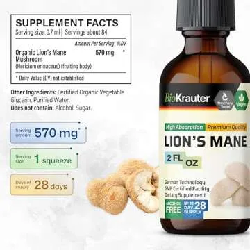 BIO KRAUTER Lions Mane Liquid Extract - Mushroom Supplement for Brain Support - Vegan Lions Mane Supplement - Alcohol & Sugar Free Drops - 2 Fl.Oz.