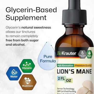 BIO KRAUTER Lions Mane Liquid Extract - Mushroom Supplement for Brain Support - Vegan Lions Mane Supplement - Alcohol & Sugar Free Drops - 2 Fl.Oz.