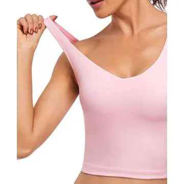 Oalka Sports Bra Womens Longline Padded Crop Tank Yoga Bras Workout Fitness Top Pink M