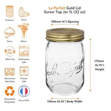 Le Parfait Screw Top Jar Wide Mouth French Glass Jar | Ideal for Food and Soup Storage, Canning, Flo...
