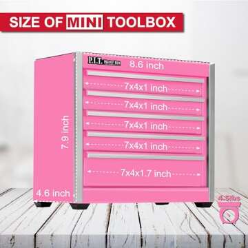 P.I.T. Mini Pink Tool Box, Portable 5-Drawer Micro Roll Cab Steel Stackable Tool Box with Liner, Pin...