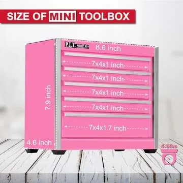 P.I.T. Mini Pink Tool Box, Portable 5-Drawer Micro Roll Cab Steel Stackable Tool Box with Liner, Pin...