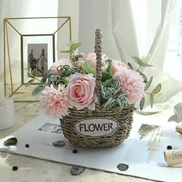 Artificial Flowers Basket Wedding Party：YILIYAJIA Decoration Flower Girls Bearer Centerpieces Silk Fake Flowers for Ceremony,Set of 2