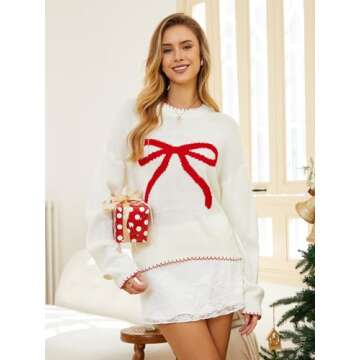 Milumia Women's Bow Print Drop Shoulder Long Sleeve Sweater Crew Neck Knit Fall Tops White and Red X-Large