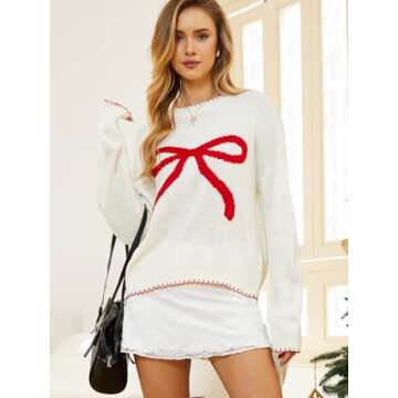 Milumia Women's Bow Print Drop Shoulder Long Sleeve Sweater Crew Neck Knit Fall Tops White and Red X-Large