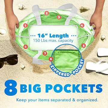 Dejaroo Mesh Sand Free Bag - Strong Lightweight Tote For Beach & Vacation Essentials. Tons of Storage with 8 Pockets, Foldable, 17x9x15 inches, Neon Green with White Straps