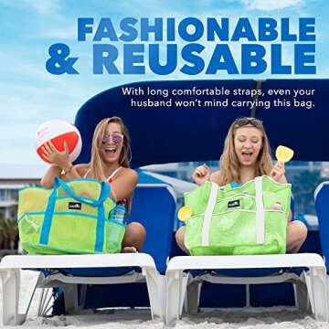Dejaroo Mesh Sand Free Bag - Strong Lightweight Tote For Beach & Vacation Essentials. Tons of Storage with 8 Pockets, Foldable, 17x9x15 inches, Neon Green with White Straps