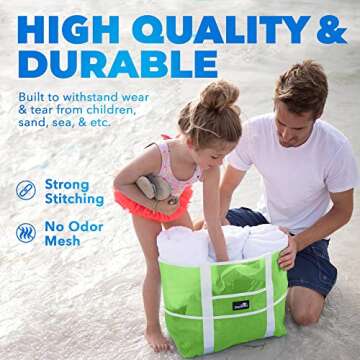 Dejaroo Mesh Sand Free Bag - Strong Lightweight Tote For Beach & Vacation Essentials. Tons of Storage with 8 Pockets, Foldable, 17x9x15 inches, Neon Green with White Straps