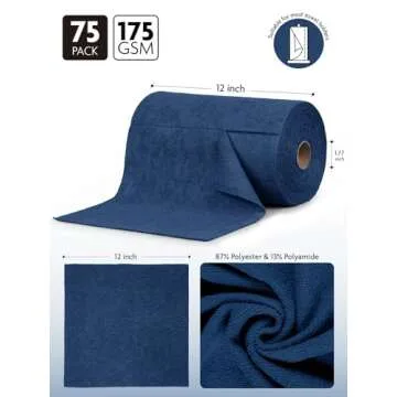 Fantasticlean Microfiber Cleaning Cloth Roll -75 Pack, Tear Away Microfiber Towels, 12" x 12", Reusable, Washable, Scratch Free, Ultra Absorbent Dish Rags for Car, Home, Garage or Shop (Navy Blue)