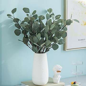 Seanmi Artificial Eucalyptus Leaves, 6 Pcs Faux Dried Silver Dollar Eucalyptus Garland Branches Stems, Fake Greenery Decor Plastic Plants for Decoration (25.6 Inches Tall, Grey Green)