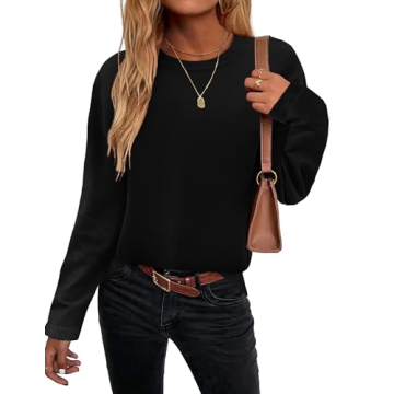 Zeagoo Womens Sweaters Crew Neck Long Sleeve Tops Casual Solid Color Knit Loose Pullover Fall Outfits Black L