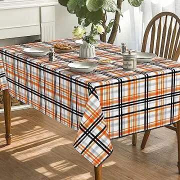 Horaldaily Halloween Tablecloth 60x84 Inch Rectangular, Fall Orange Buffalo Plaid Washable Table Cover for Party Picnic Dinner Decor
