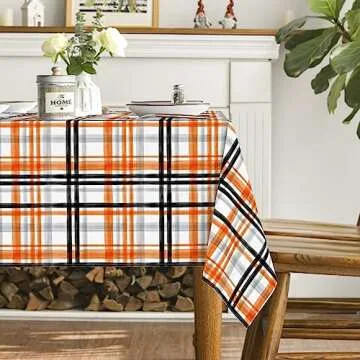 Horaldaily Halloween Tablecloth 60x84 Inch Rectangular, Fall Orange Buffalo Plaid Washable Table Cover for Party Picnic Dinner Decor