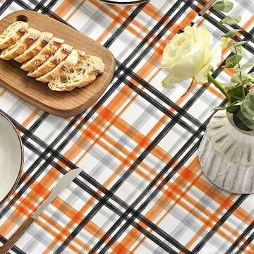 Horaldaily Halloween Tablecloth 60x84 Inch Rectangular, Fall Orange Buffalo Plaid Washable Table Cover for Party Picnic Dinner Decor