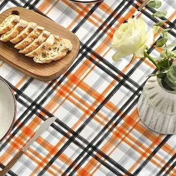 Horaldaily Halloween Tablecloth 60x84 Inch Rectangular, Fall Orange Buffalo Plaid Washable Table Cover for Party Picnic Dinner Decor