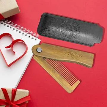 Folding Beard Comb w/Carrying Pouch for Men - All Natural Wooden Beard Comb w/Gift Box - Green Sanda...