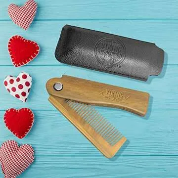 Folding Beard Comb w/Carrying Pouch for Men - All Natural Wooden Beard Comb w/Gift Box - Green Sandalwood Comb for Grooming & Combing Hair, Beards and Mustaches by Viking Revolution