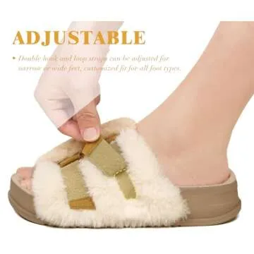 KuaiLu Womens Fuzzy Platform Open Toe Slippers with Arch Support Fluffy Furry Slides Orthotic Faux Fur Sandals Indoor Outdoor Beige Size 6