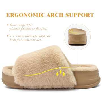 KuaiLu Womens Fuzzy Platform Open Toe Slippers with Arch Support Fluffy Furry Slides Orthotic Faux Fur Sandals Indoor Outdoor Beige Size 6