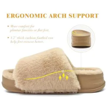 KuaiLu Womens Fuzzy Platform Open Toe Slippers with Arch Support Fluffy Furry Slides Orthotic Faux Fur Sandals Indoor Outdoor Beige Size 6