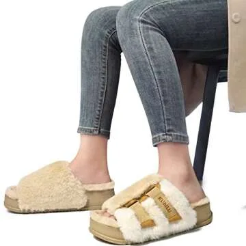 KuaiLu Womens Fuzzy Platform Open Toe Slippers with Arch Support Fluffy Furry Slides Orthotic Faux Fur Sandals Indoor Outdoor Beige Size 6