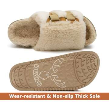 KuaiLu Womens Fuzzy Platform Open Toe Slippers with Arch Support Fluffy Furry Slides Orthotic Faux Fur Sandals Indoor Outdoor Beige Size 6