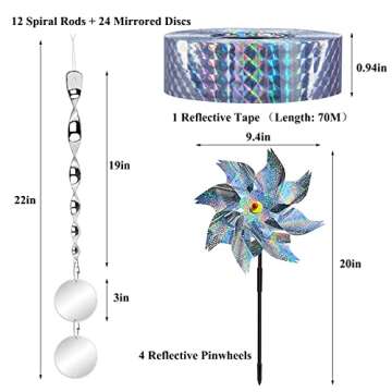 Bird Devices Outdoor Set, Bird Reflective Rods and Tape, Double-Sided Bird Reflector, Reflective Pinwheels with Stakes