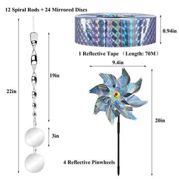 Bird Devices Outdoor Set, Bird Reflective Rods and Tape, Double-Sided Bird Reflector, Reflective Pinwheels with Stakes
