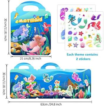 2 Pack Reusable Sticker Book for Kids 3+ Princess and Mermaid Stickers for Kids Activity Travel Sticker Books for Girls Boys Educational Learning Toys Birthday Holiday Gifts