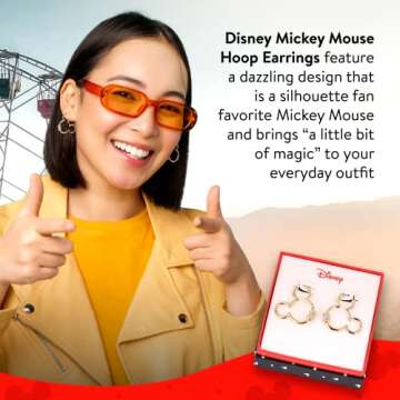 Disney Mickey Mouse Earrings, One Pair in Authentic Jewelry Gift Box, Hanging Silhouette Hoop (Gold)