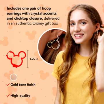 Disney Mickey Mouse Earrings, One Pair in Authentic Jewelry Gift Box, Hanging Silhouette Hoop (Gold)