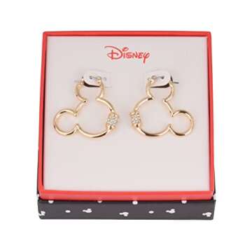 Disney Mickey Mouse Earrings, One Pair in Authentic Jewelry Gift Box, Hanging Silhouette Hoop (Gold)