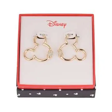 Disney Mickey Mouse Earrings, One Pair in Authentic Jewelry Gift Box, Hanging Silhouette Hoop (Gold)