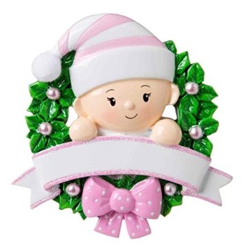Personalized Baby's First Christmas Ornament - Baby in a Wreath (Pink) -2024-Babies First Christmas-...