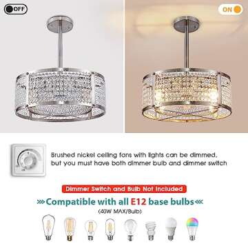 Doltoro Brushed Nickel Ceiling Fans with Lights Remote Control, Flush Mount Ceiling Fan Adjustable Height, Small Crystal Ceiling Fan Light Fixture for Bedroom, Dining Room