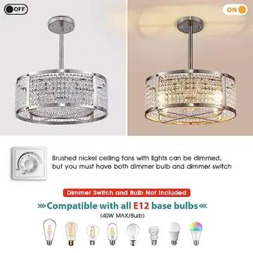 Doltoro Brushed Nickel Ceiling Fans with Lights Remote Control, Flush Mount Ceiling Fan Adjustable Height, Small Crystal Ceiling Fan Light Fixture for Bedroom, Dining Room