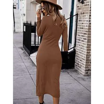 SHIBEVER Women's Long Sleeve Dress: Midi Casual V Neck Twist Waist Ribbed Knit Bodycon Slit Cocktail Party Dresses