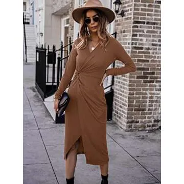 SHIBEVER Women's Long Sleeve Dress: Midi Casual V Neck Twist Waist Ribbed Knit Bodycon Slit Cocktail Party Dresses