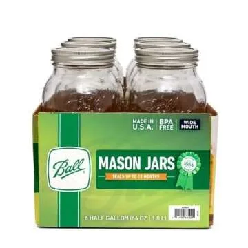 Ball Wide Mouth Glass Mason Jars with Lids and Bands, Used for Canning, Pickling, Juice, Jam, Jelly, Half Gallon Size 64 Ounce (Pack of 4)