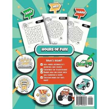 Mazes for Kids Ages 4-8: 100+ Easy, Medium & Hard Maze Puzzles, Fun Car-Themed Activity & Coloring B...