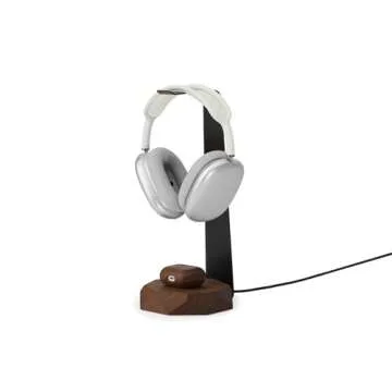 Oakywood 2-in-1 Wooden Headphone Stand with Wireless Charging - Wood Headphone Holder – Stainless-Steel Base – Handcrafted Headphones Stand for Desk - Qi-Compatible Wireless Charging – Walnut