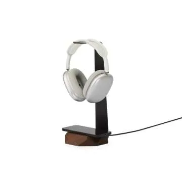 Oakywood 2-in-1 Wooden Headphone Stand with Wireless Charging - Wood Headphone Holder – Stainless-Steel Base – Handcrafted Headphones Stand for Desk - Qi-Compatible Wireless Charging – Walnut