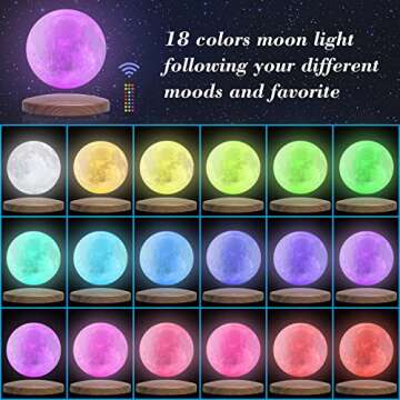FIRPOW Levitating Moon Lamp, 18 Colors 6 in Floating Moon Lamp, 3D LED Printing Rotating Magnetic Moon Light Spinning Freely with Remote, Night Light, Desk Bedroom Decor Office, Christmas Gift