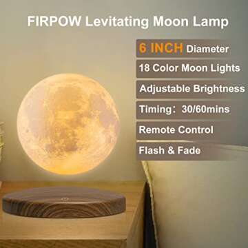 FIRPOW Levitating Moon Lamp, 18 Colors 6 in Floating Moon Lamp, 3D LED Printing Rotating Magnetic Moon Light Spinning Freely with Remote, Night Light, Desk Bedroom Decor Office, Christmas Gift