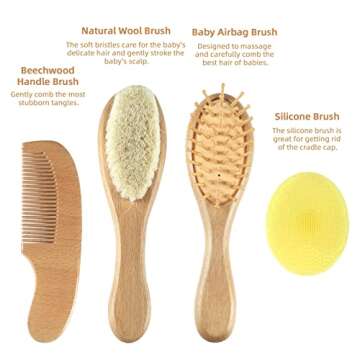 Baby Hair Brush and Comb Set (4-Piece) for Newborn - Wooden Baby Hairbrush Set，A Beechwood Brush, ...