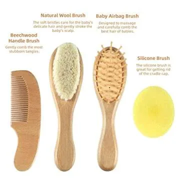 Baby Hair Brush and Comb Set (4-Piece) for Newborn - Wooden Baby Hairbrush Set，A Beechwood Brush, ...