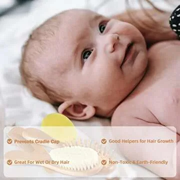 Baby Hair Brush and Comb Set (4-Piece) for Newborn - Wooden Baby Hairbrush Set，A Beechwood Brush, Baby Airbag Brush, Beech Handle Brush, and Prevent Cradle Cap Silicone Brush - Ideal Registry Gift