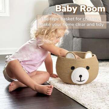 CherryNow Cotton Rope Basket Baby Basket for Nursery, Bear Gift Basket for Kids, Empty Baby Shower Basket with Handles, Small Cute Animal Basket, Brown, 10.5"D x 8.5"H