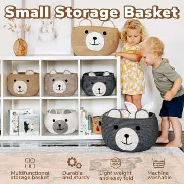 CherryNow Cotton Rope Basket Baby Basket for Nursery, Bear Gift Basket for Kids, Empty Baby Shower Basket with Handles, Small Cute Animal Basket, Brown, 10.5"D x 8.5"H